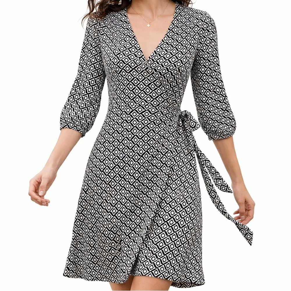 Black & White Wrap Geometrical Dress 1/2 Sleeve Tie Waist Work Office Chic XS